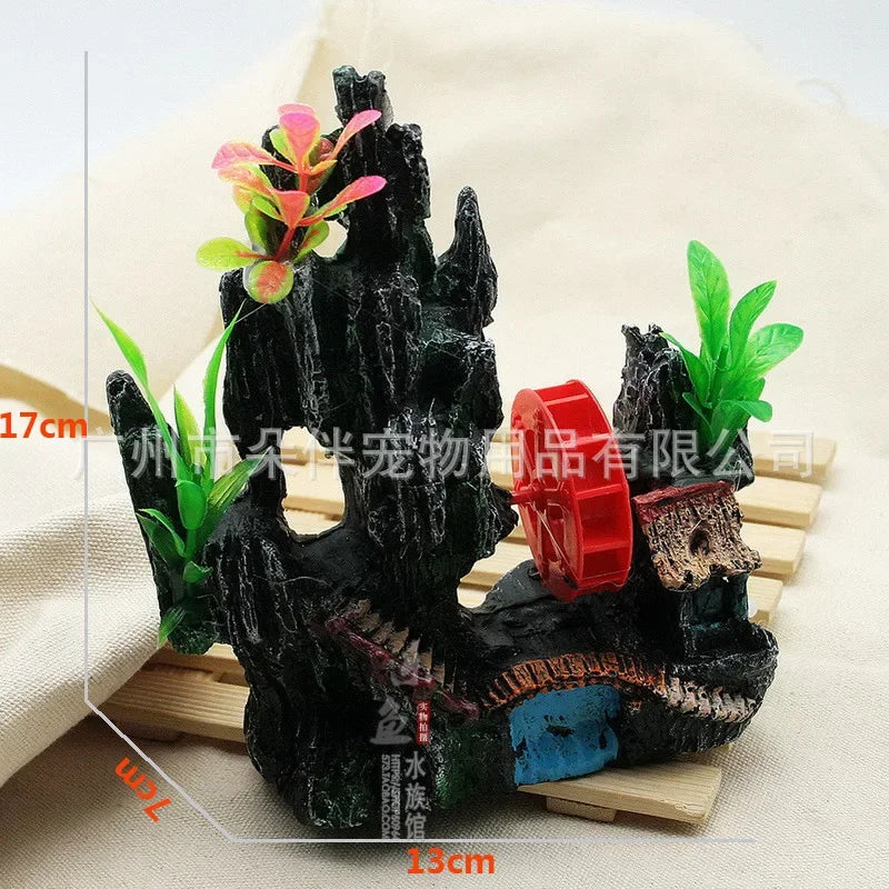 Aquarium Aquarium Fish Tank Ornament Resin Artificial Mountain Stone Windmill Air Pick-up Pump Can Turn The Water Wheel