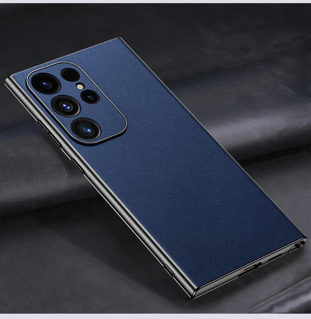 Leather Phone Case for Samsung Galaxy S25 S24 S23 Ultra S22 Plus Luxury Plating Soft Edges Shockproof 360 Full Protective Cover