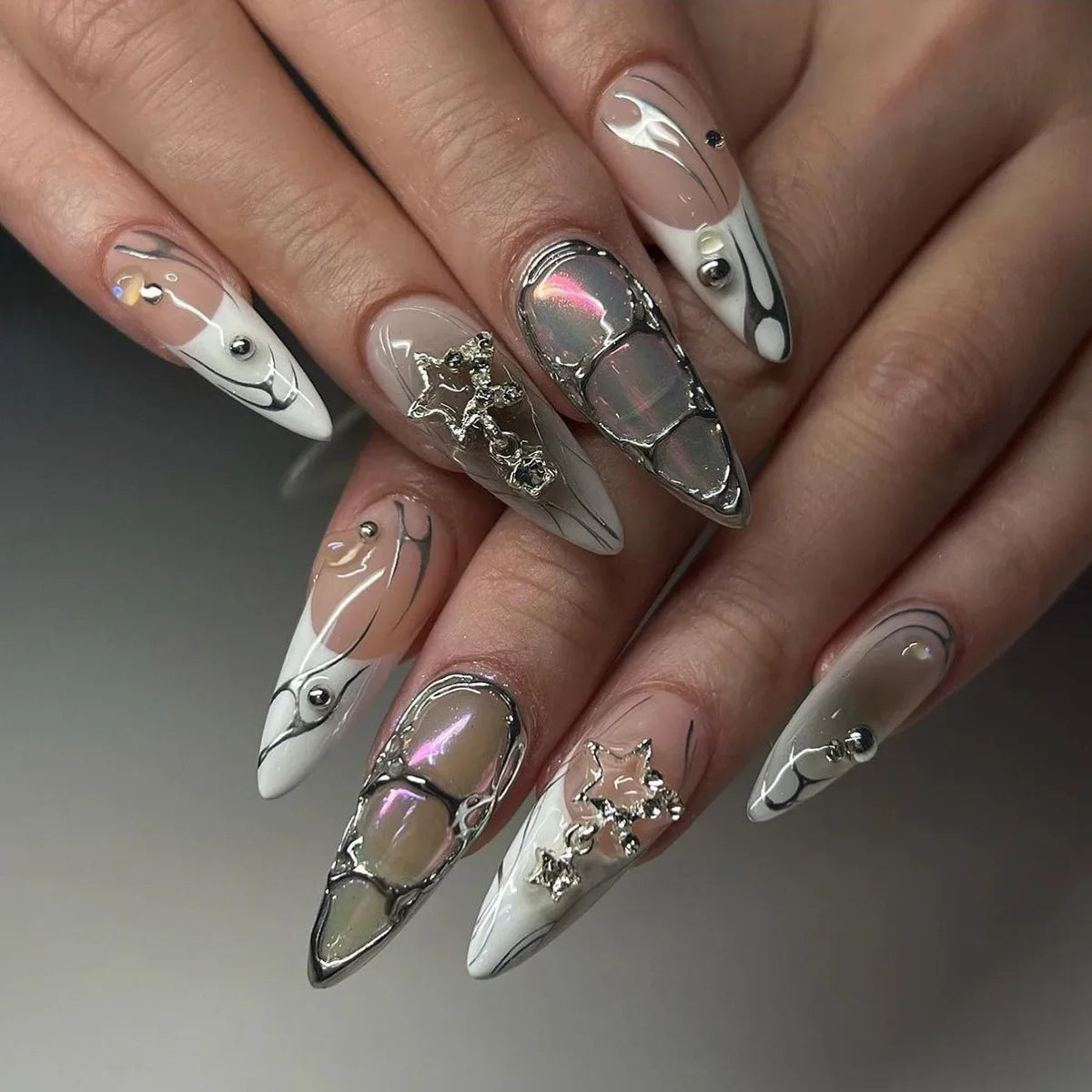 24PCS Almond Stiletto Press-On Nails β French Design with Metallic Shine & Glue Included