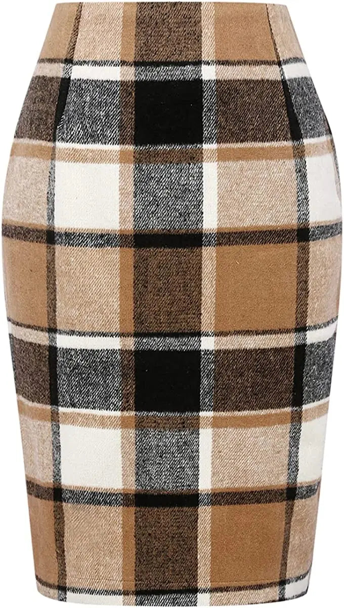 Women Midi Plaid Skirts Fall Winter Knee Length Pencil Wool Skirt with Slit