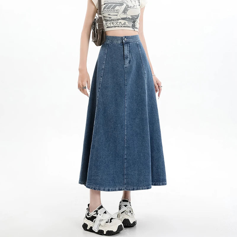 Long Denim Skirt Women 2024 Spring Summer New Arrivals High Elastic Waist A Line Jeans Skirts Korean Fashion Casual Blue Skirts