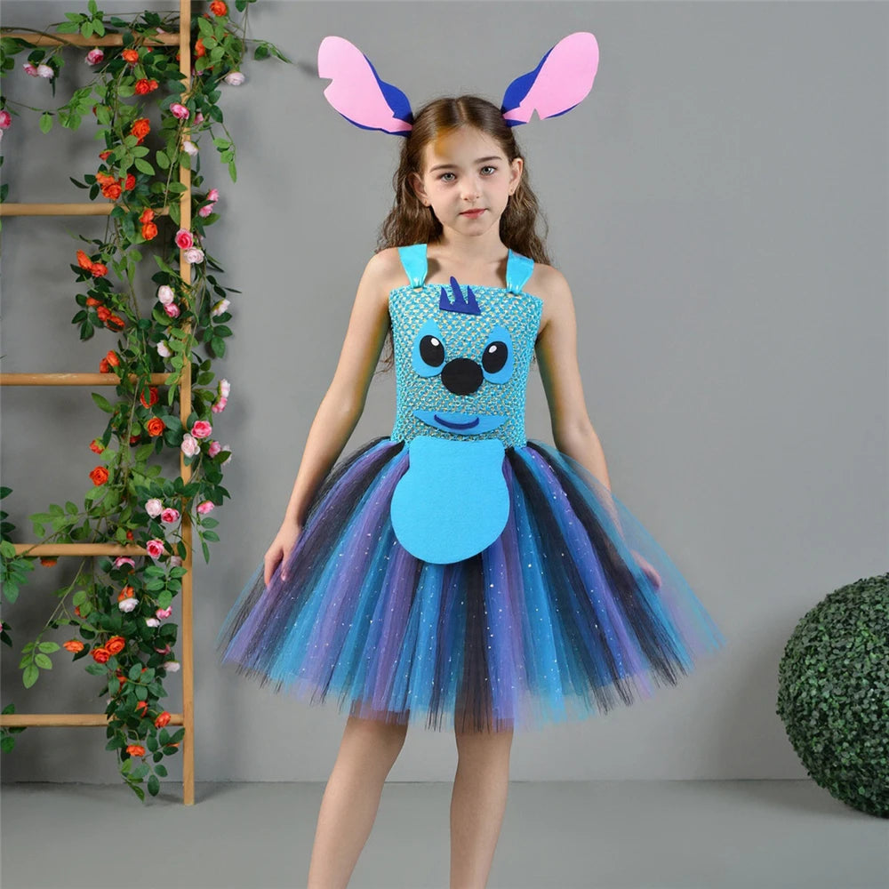 Movie Girls Alien Dog Costume Cartoon Blue Tulle Festival Dress Lilo Tutu Dress Maia Kealaha Live-action Character Dress Up