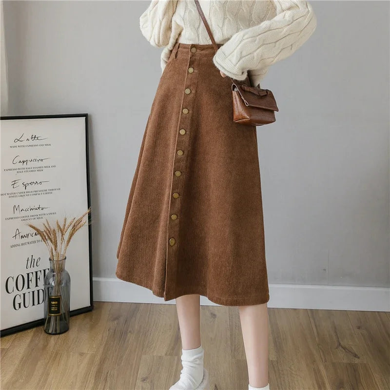 REALEFT Autumn Winter Corduroy Women A-Line Skirts 2023 New High Waist Solid Elegant Single Breasted Umbrella Midi Skirts Female