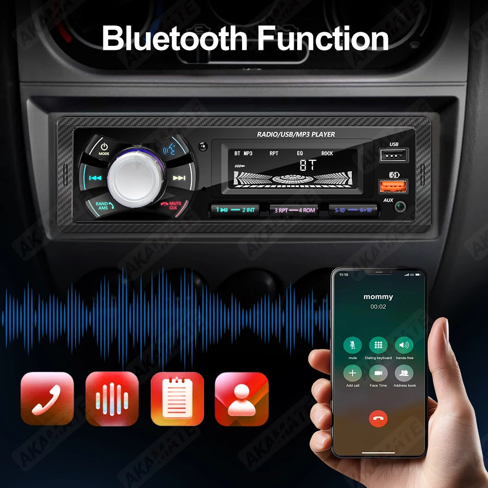 1 Din Car Radio MP3 Multimedia Player FM Radio Bluetooth AUX USB Support Phone Charging Colorful Light Display Stereo Autoradio