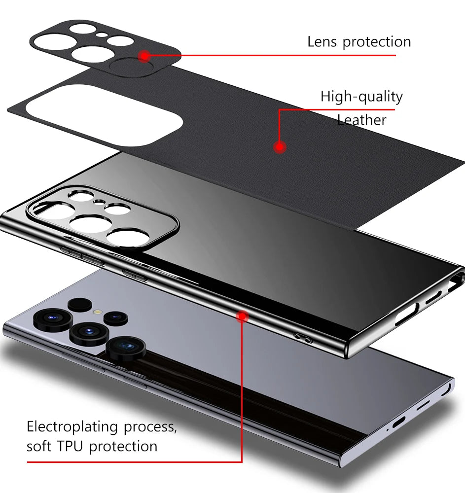 Leather Phone Case for Samsung Galaxy S25 S24 S23 Ultra S22 Plus Luxury Plating Soft Edges Shockproof 360 Full Protective Cover