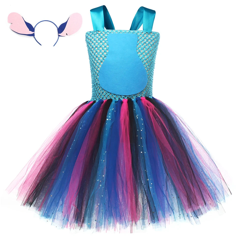 Movie Girls Alien Dog Costume Cartoon Blue Tulle Festival Dress Lilo Tutu Dress Maia Kealaha Live-action Character Dress Up