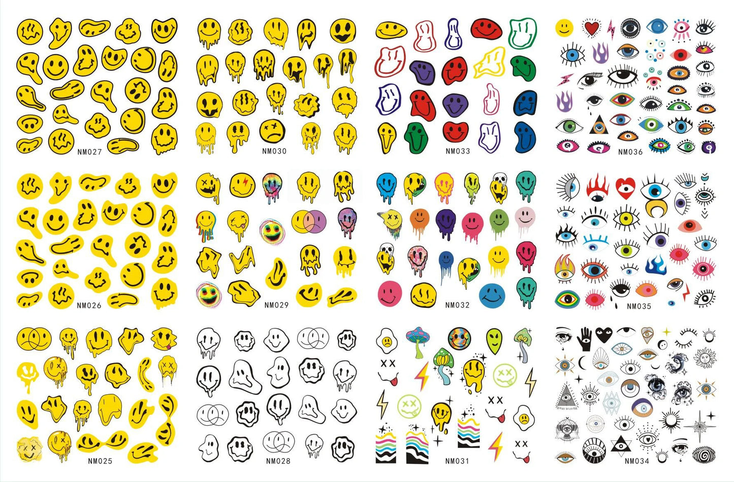 12 patterns Trippy Smile Face Nails Water Decals Mushroom Slider Decals Trippy Nail Art Rainbow Transfer Sticker Decals Eyes