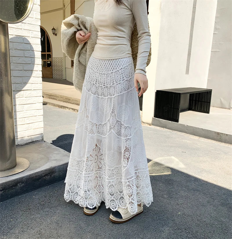SMTHMA New Korean Retro French Hook Flower Hollow Design Elastic Knitted Skirt Women's Elastic High Waist A-line Long Skirt