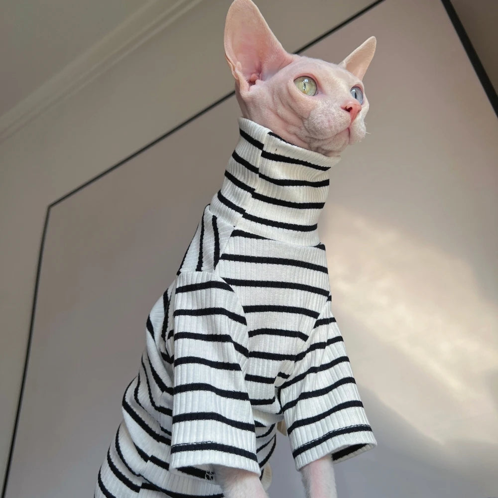 Striped Undershirt for Sphynx Cat Elegant high neck T-shirt for Kittens Dogs Spring Soft Long Sleeve Coat for Devon Rex Clothing