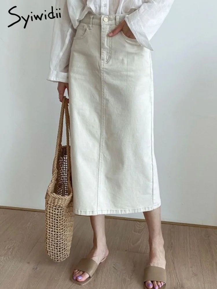 Syiwidii Solid Denim Long Skirts for Women Vintage Casual High Waist Slit A Line Skirts Summer 2025 New Fashion Simple Y2k Skirt