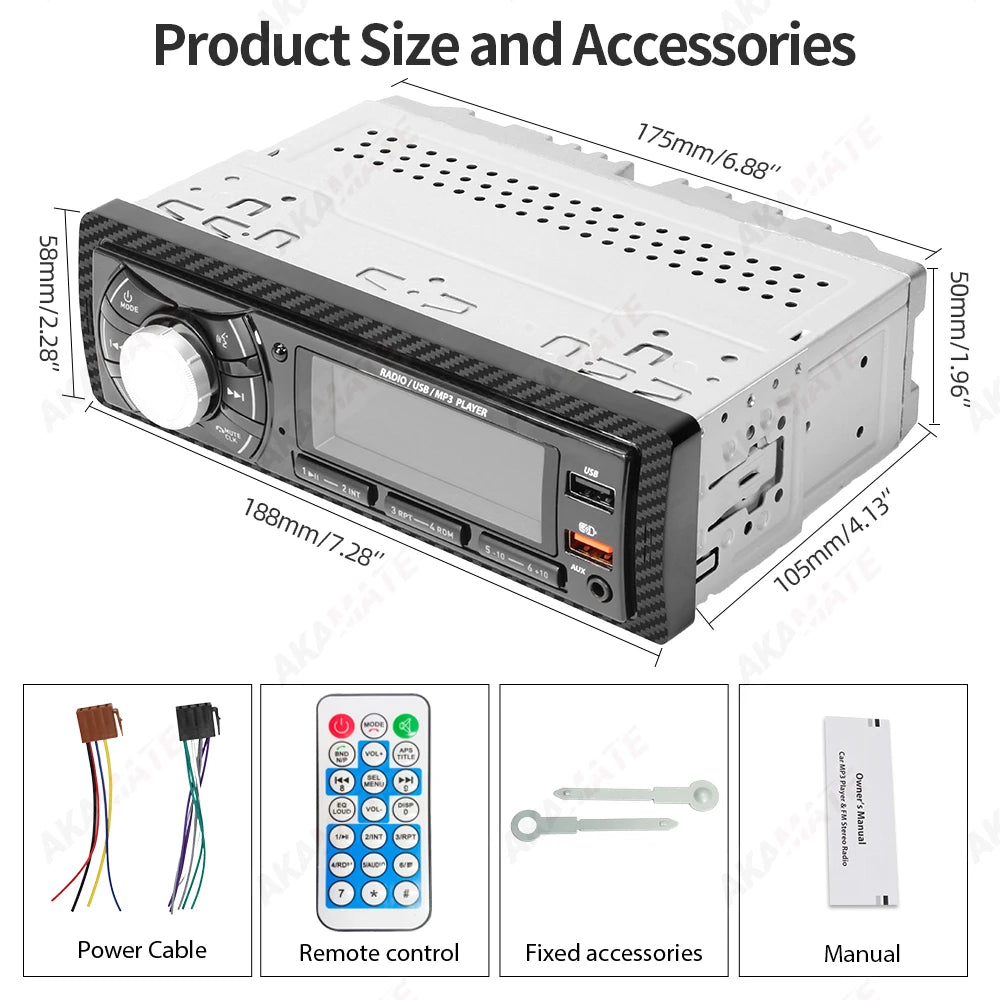 1 Din Car Radio MP3 Multimedia Player FM Radio Bluetooth AUX USB Support Phone Charging Colorful Light Display Stereo Autoradio