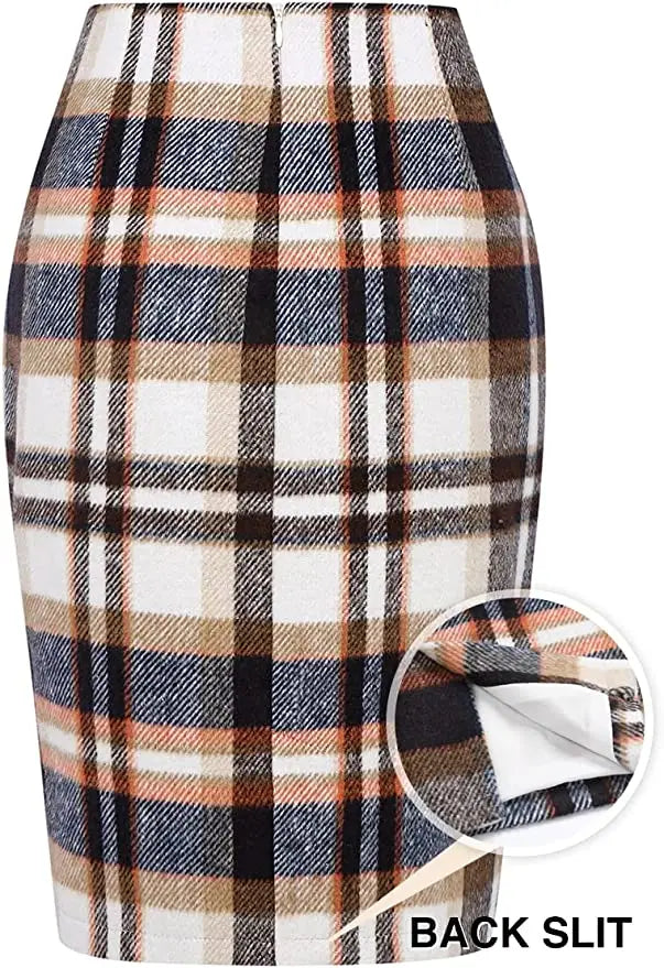 Women Midi Plaid Skirts Fall Winter Knee Length Pencil Wool Skirt with Slit
