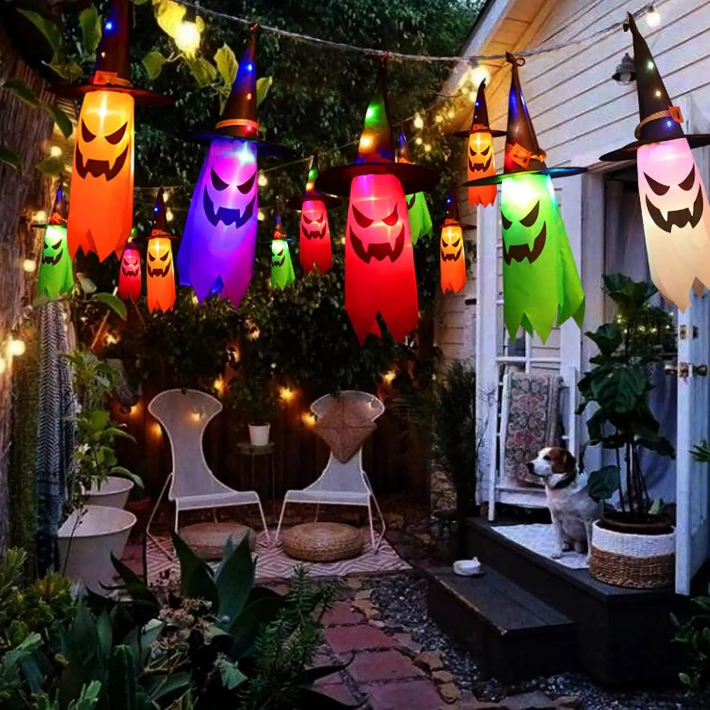 Halloween Decorations Outdoor 5 PCS Hanging Halloween Lighted Glowing Ghost Witch Hat with LED String Lights for Party Garden