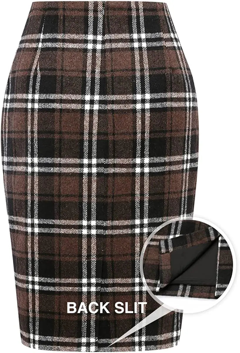 Women Midi Plaid Skirts Fall Winter Knee Length Pencil Wool Skirt with Slit