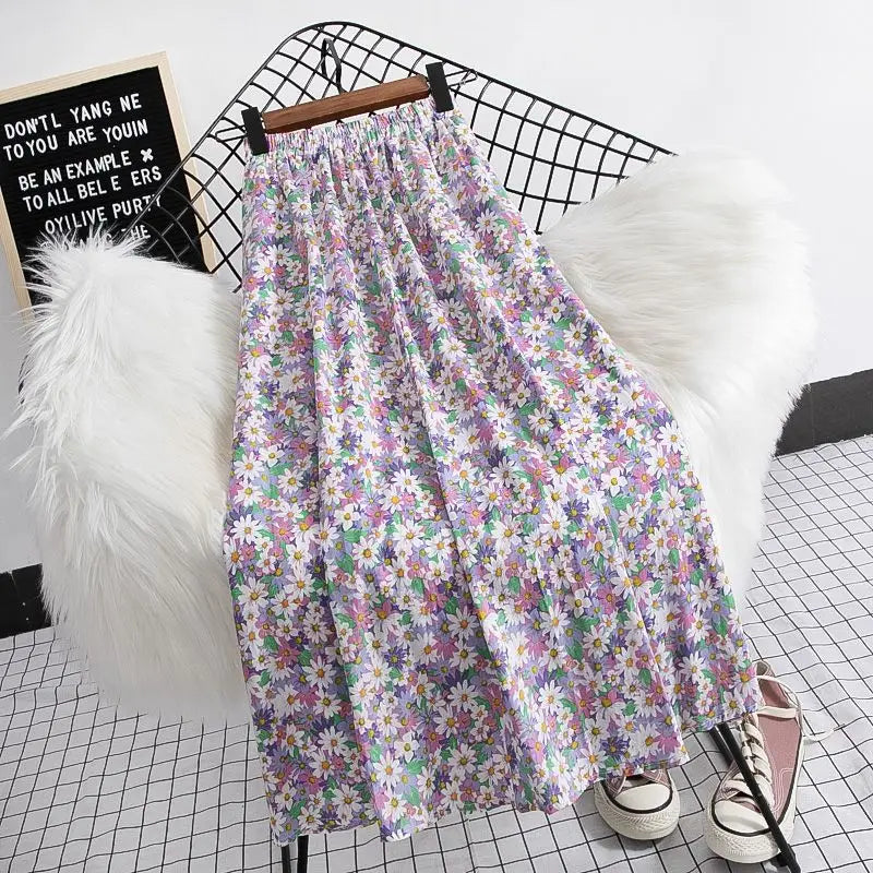 Fragmented Blossom Skirt Women's New Summer Art High Waist Chiffon A-line Oil Painting Small Daisy Lady Large Swing Skirt
