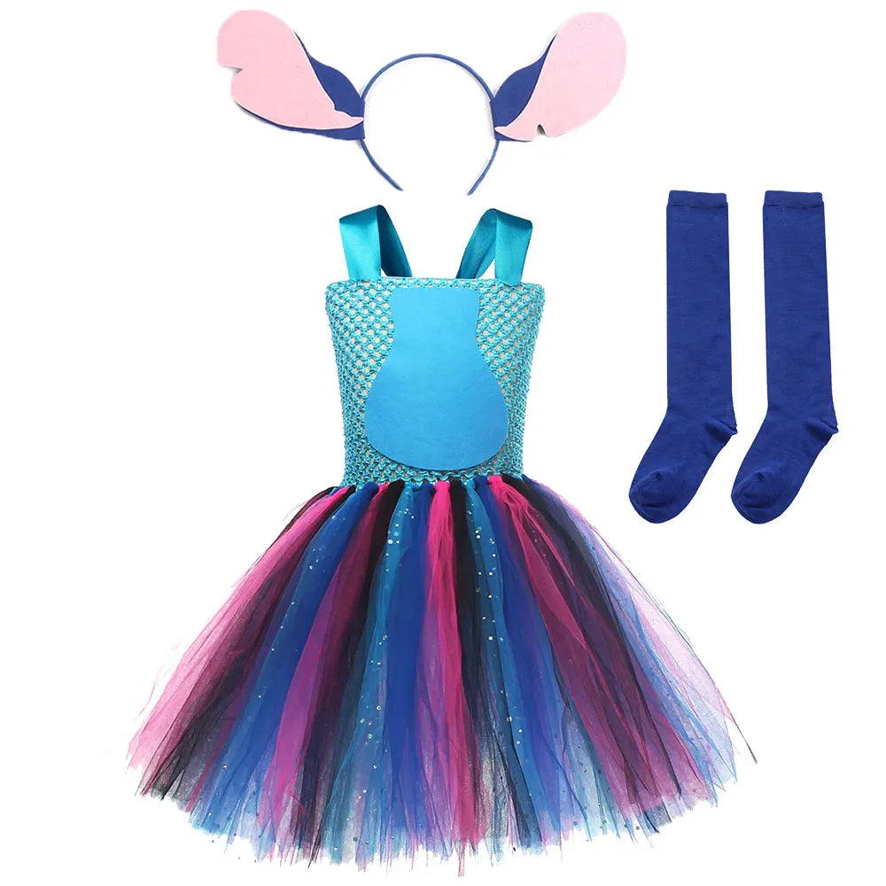 Movie Girls Alien Dog Costume Cartoon Blue Tulle Festival Dress Lilo Tutu Dress Maia Kealaha Live-action Character Dress Up