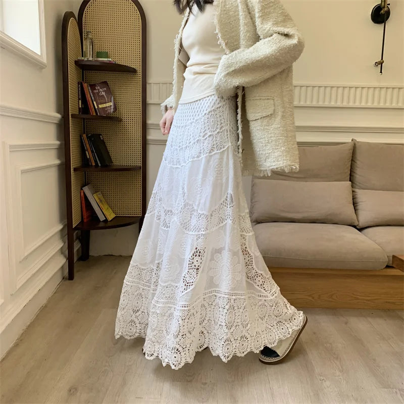 SMTHMA New Korean Retro French Hook Flower Hollow Design Elastic Knitted Skirt Women's Elastic High Waist A-line Long Skirt