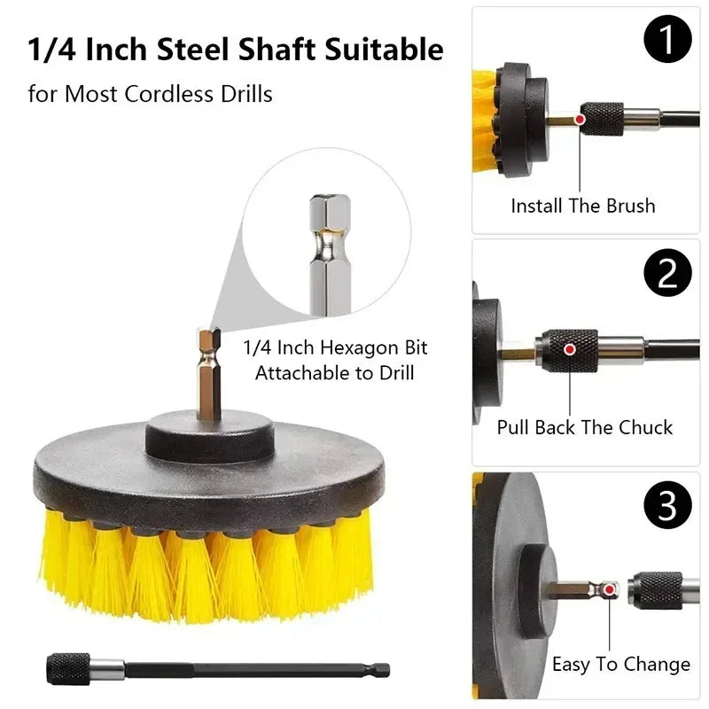 7-Piece Drill Brush Attachment Set, Cleaning Brush Tool Kit, Multi-Purpose Drill Brush with Extension Pole for Floor, Automotive