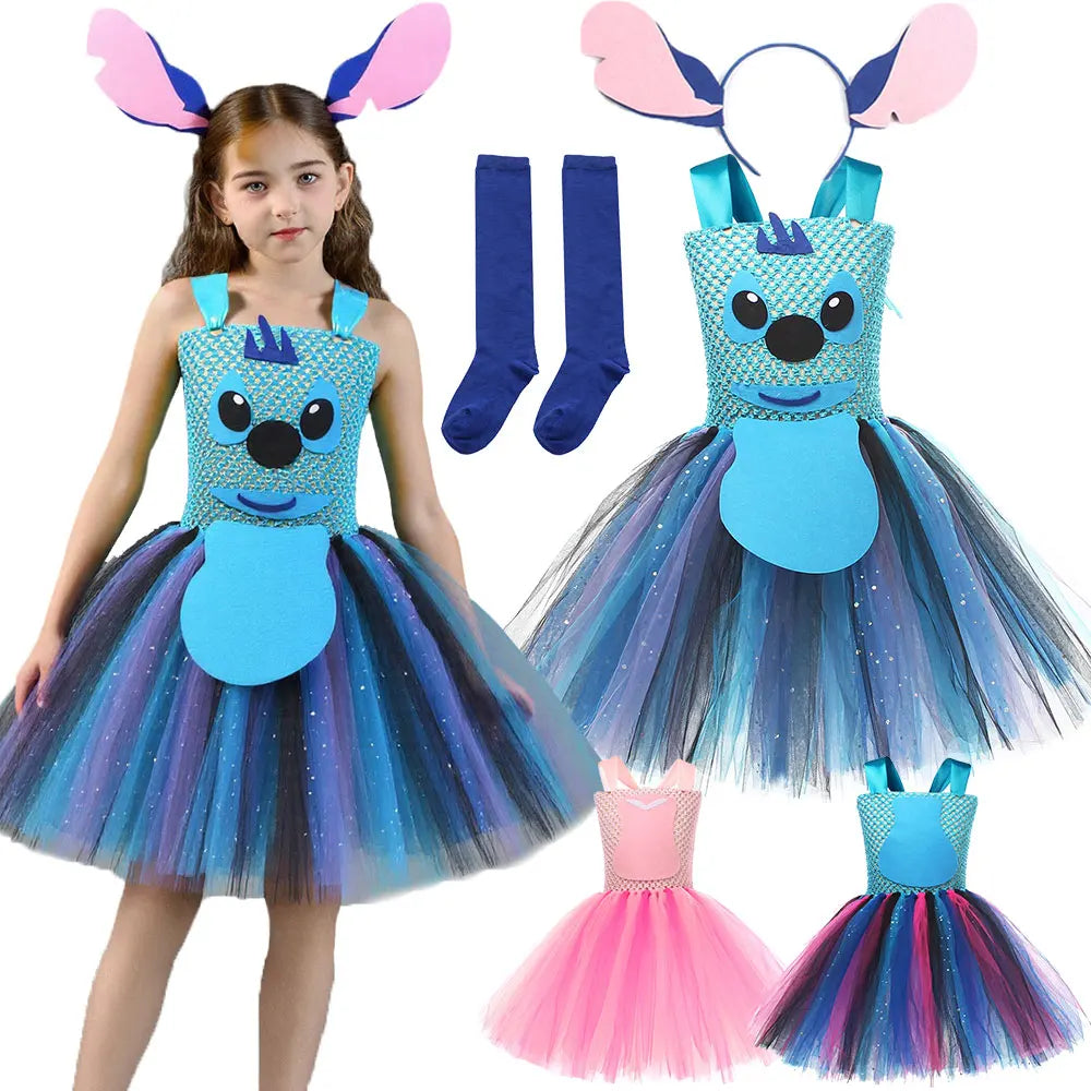 Movie Girls Alien Dog Costume Cartoon Blue Tulle Festival Dress Lilo Tutu Dress Maia Kealaha Live-action Character Dress Up