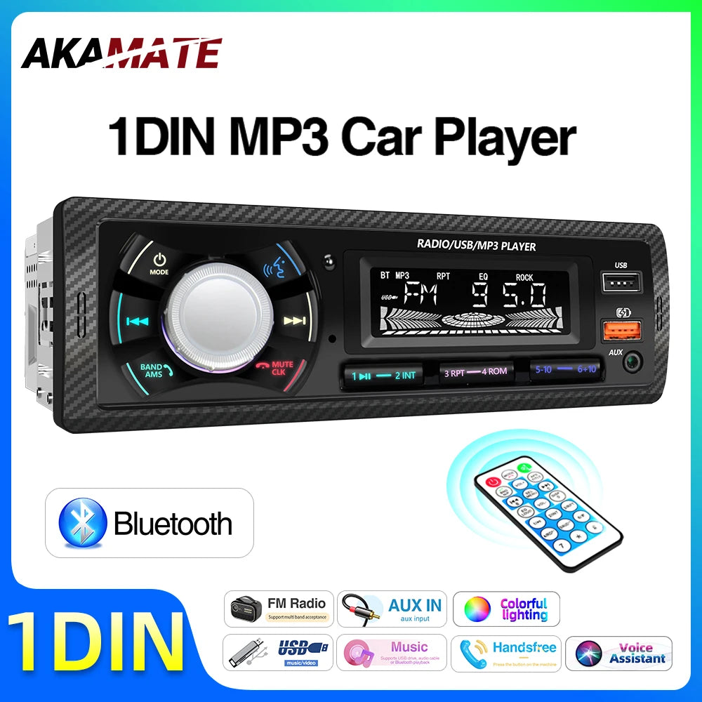 1 Din Car Radio MP3 Multimedia Player FM Radio Bluetooth AUX USB Support Phone Charging Colorful Light Display Stereo Autoradio