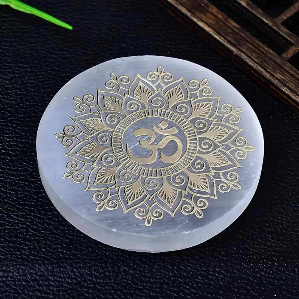 Natural 7 Chakras Flower of Life Selenite Slice Slab White Gypsum Charging Plate Yoga Meditation Healing Crystal Coasters Gift