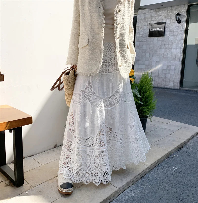 SMTHMA New Korean Retro French Hook Flower Hollow Design Elastic Knitted Skirt Women's Elastic High Waist A-line Long Skirt