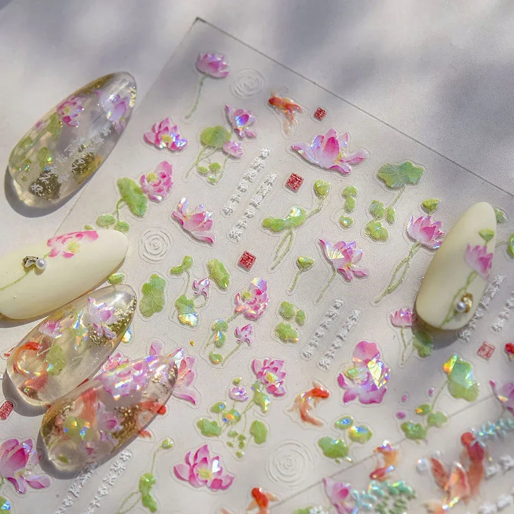 Colorful & Fun Beach Bloom Nail Art – 5D Stickers with Coral, Petals & Ocean Charms