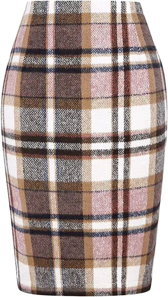 Women Midi Plaid Skirts Fall Winter Knee Length Pencil Wool Skirt with Slit