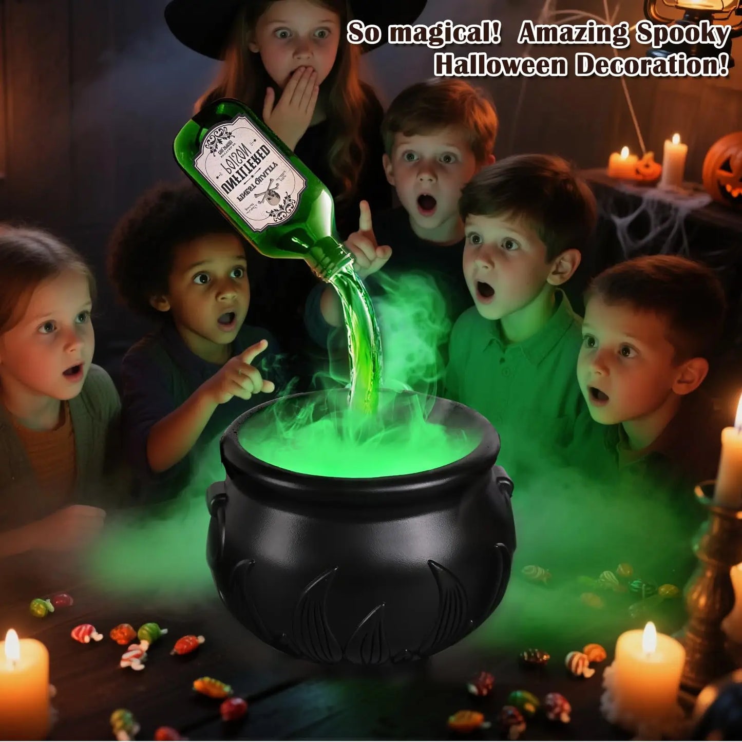 Halloween WitchCauldron with LED Light & Fog Mist Maker Skeleton Decor for Spooky Hocus Pocus Party, Home, Halloween Party