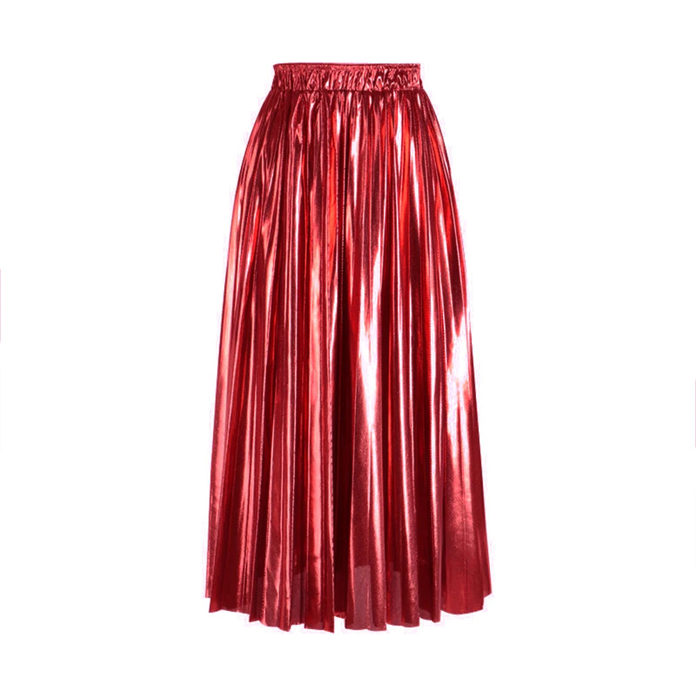 SISHION 2025 New Spring Shiny Long Midi Skirts for Women SS0039 Elastic Waist Metallic Elegant Fashion Golden Black Pink Skirt