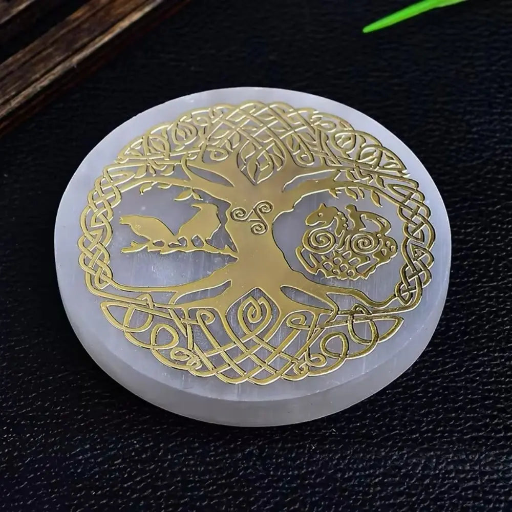 Natural 7 Chakras Flower of Life Selenite Slice Slab White Gypsum Charging Plate Yoga Meditation Healing Crystal Coasters Gift