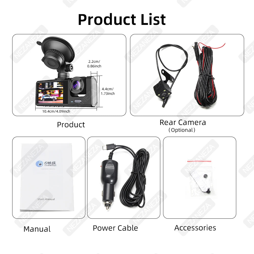 1080P DVR Car Recorder HD 3-Lens Inside Infrared Night Vision 3 Cameras Gravity Sensor Universal IPS Safe Driving Video Recorder