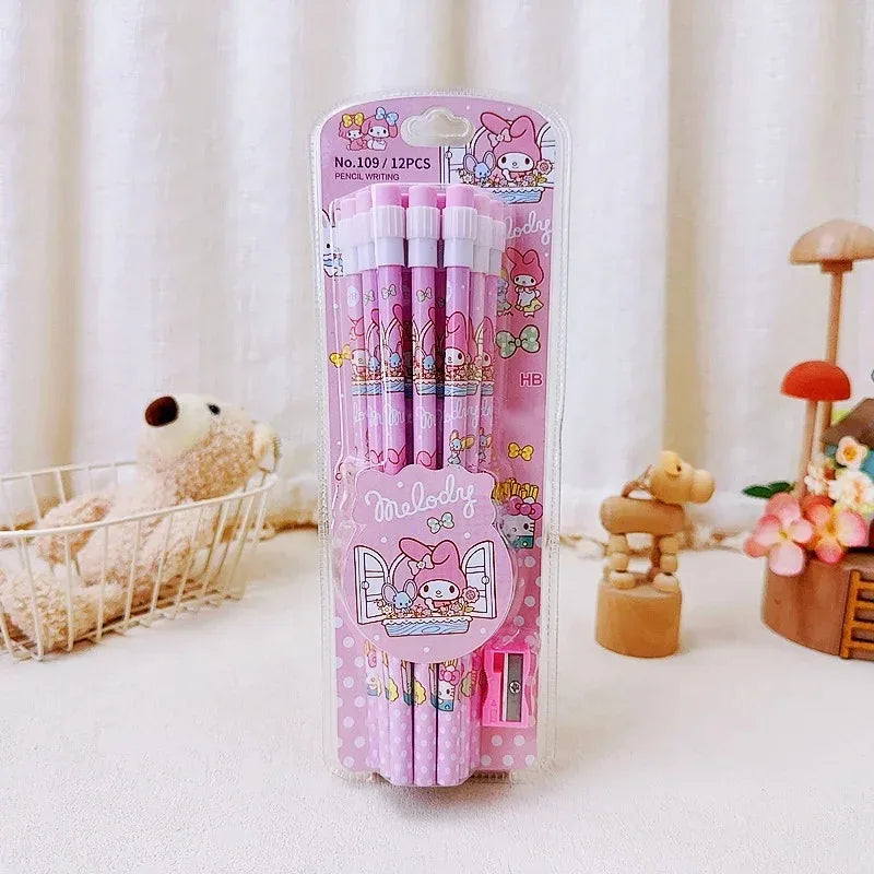 Sanrio HB Pencil Set – 12 Cute Cinnamoroll & Kuromi Pencils + 1 Roller Box for Writing & Drawing Fun