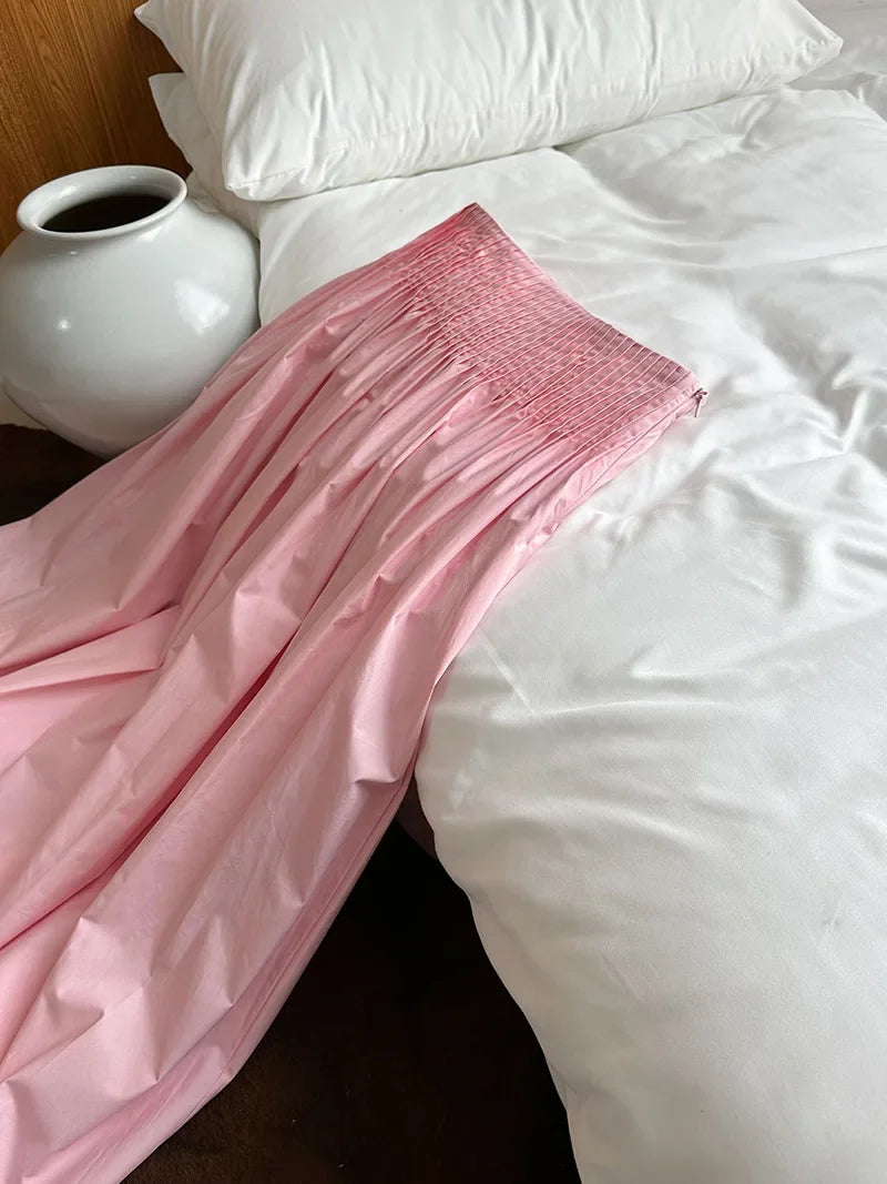 Elegant High-Waisted Pink A- Line Skirt Sweet Umbrella Design Sensibility Plenty of Pleats Medium-Length Women's Fashion