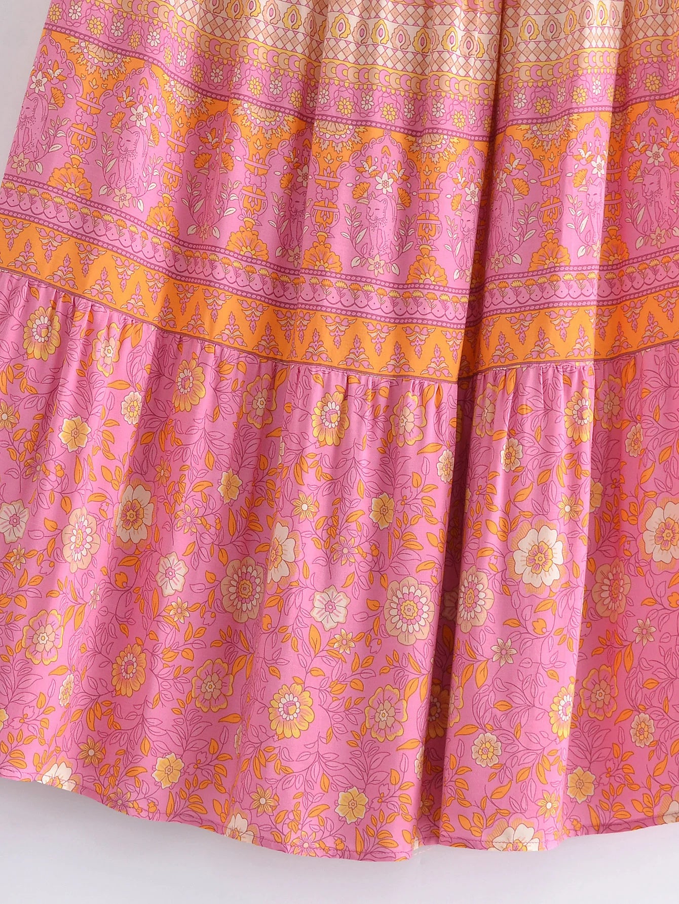 2022 BOHO Orange Flower Print Long Skirt Spliced Ruched Ruffle Hem Hippie Women Ball Tassel Bow Waist Swing Skirts Holiday