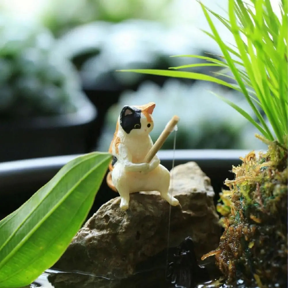 Hanging Decoration Plant Pot Aquarium Tanks Decor Fish Tank Ornaments Cat Statue Kitten Fishing Ornament Miniature Figurines