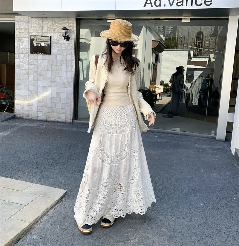 SMTHMA New Korean Retro French Hook Flower Hollow Design Elastic Knitted Skirt Women's Elastic High Waist A-line Long Skirt