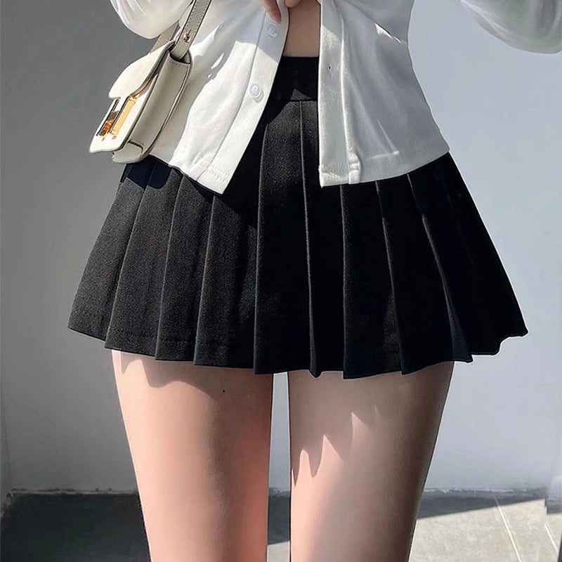 ZOKI Pleated Skirt with Shorts Women Sexy High Waist Irregular White Black A-line Gyaru Tennis extreme Mini Skirt School