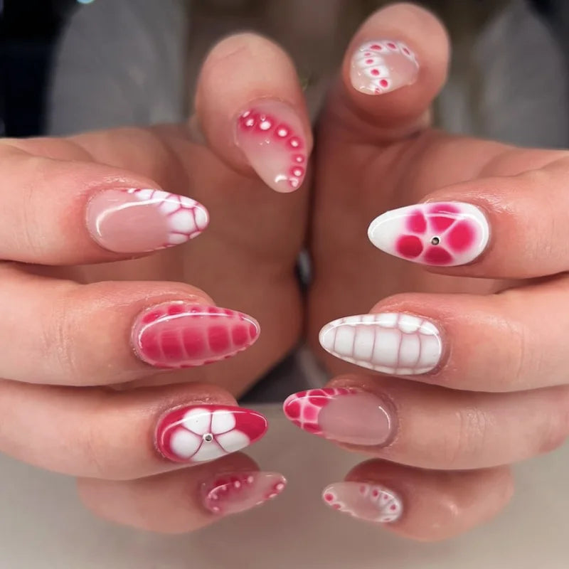 24PCS Almond Nails – Mixed Solid Colors with Subtle Florals & Golden Highlights