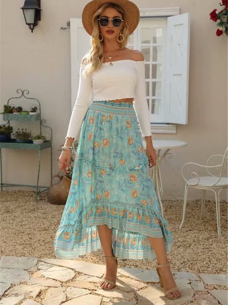 Vintage Chic Summer Fashion Women Floral Print Beach Bohemian Long Skirts High Elastic Waist Maxi A-Line Boho Skirt Femme