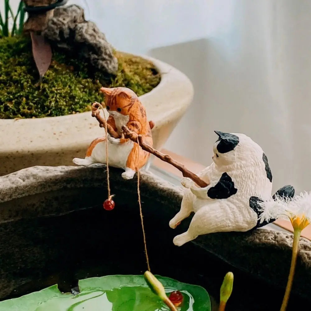 Hanging Decoration Plant Pot Aquarium Tanks Decor Fish Tank Ornaments Cat Statue Kitten Fishing Ornament Miniature Figurines