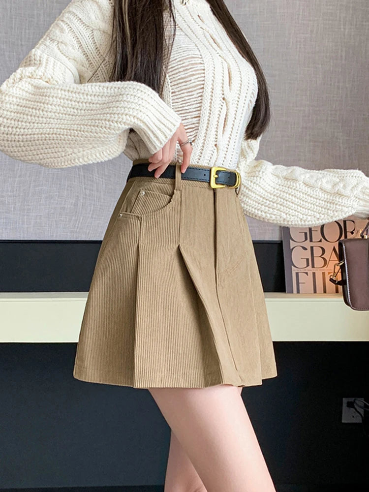 2024 Autumn and Winter Mini Pleated Skirt Women Fashion Streetwear A-line Skater Kawaii Skirts With Belt Korean School Girl Saia