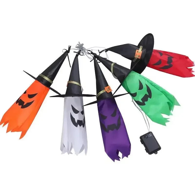 Halloween Decorations Outdoor 5 PCS Hanging Halloween Lighted Glowing Ghost Witch Hat with LED String Lights for Party Garden