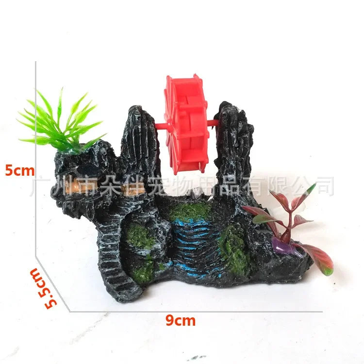 Aquarium Aquarium Fish Tank Ornament Resin Artificial Mountain Stone Windmill Air Pick-up Pump Can Turn The Water Wheel