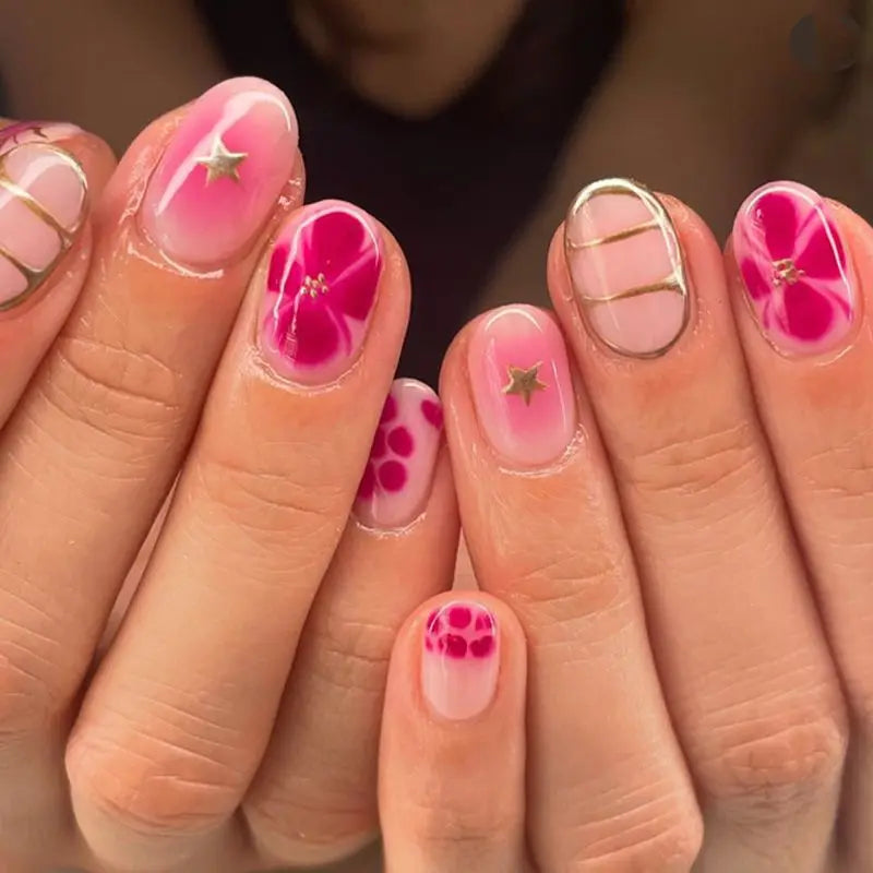 24PCS Almond Nails – Mixed Solid Colors with Subtle Florals & Golden Highlights