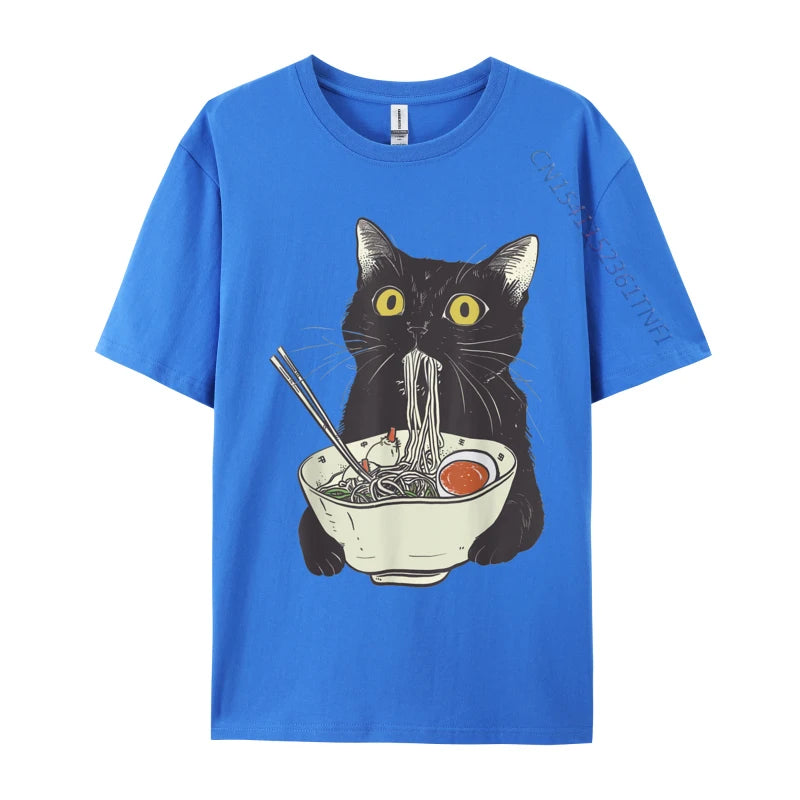 Funny Cat Eating Ramen Vintage Japanese Noodles Geek Normal All Cotton Mens Tops T Shirt Casual Tees 2024 Hot Sale T Shirts