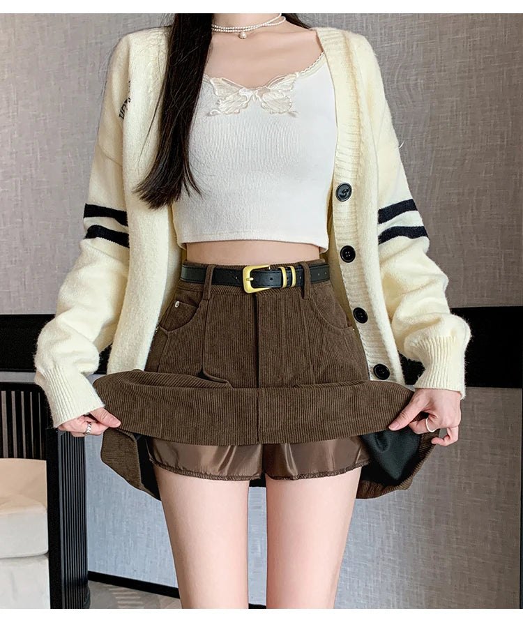 2024 Autumn and Winter Mini Pleated Skirt Women Fashion Streetwear A-line Skater Kawaii Skirts With Belt Korean School Girl Saia