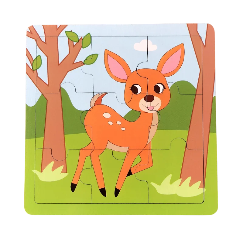 New 9 Piece Wooden Puzzle Toy Educational Cognitive Learning for Toddlers Cartoon Animals Vehicles Toddler Board Kids Gift