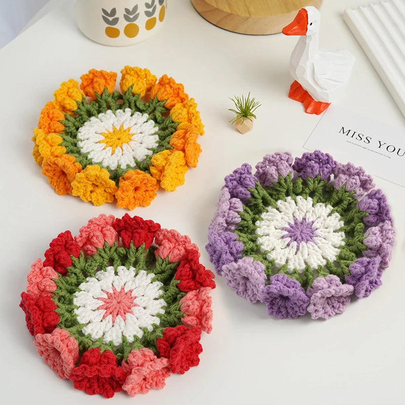 Crochet Flower Coaster Hand Knitted Coaster Rose Placemat Table Ornament Cup Pad Crochet Flower Cupmat Creative Coaster Gifts