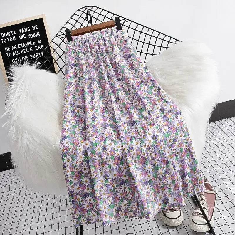 Fragmented Blossom Skirt Women's New Summer Art High Waist Chiffon A-line Oil Painting Small Daisy Lady Large Swing Skirt